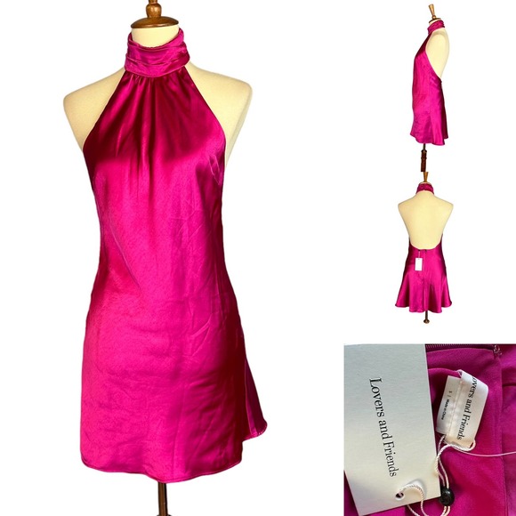 Lovers + Friends Barbie Pink Satin Halter Mini Slip Dress XS Backless Hayes NEW - Picture 8 of 9
